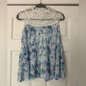 Elliatt Blue and White Sleeveless Top with Lace Neck Detail
